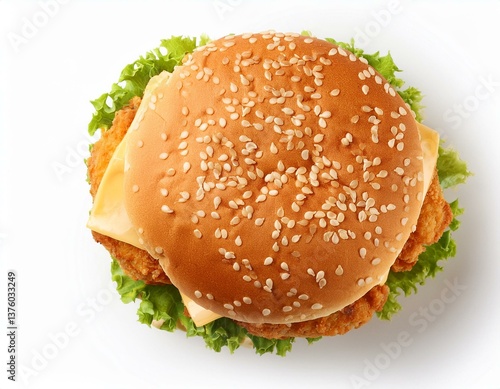  chicken burger top view full length isolated on white background