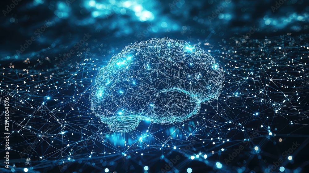 Obraz premium A glowing digital brain embedded in a futuristic landscape of interconnected data points and cloud storage.