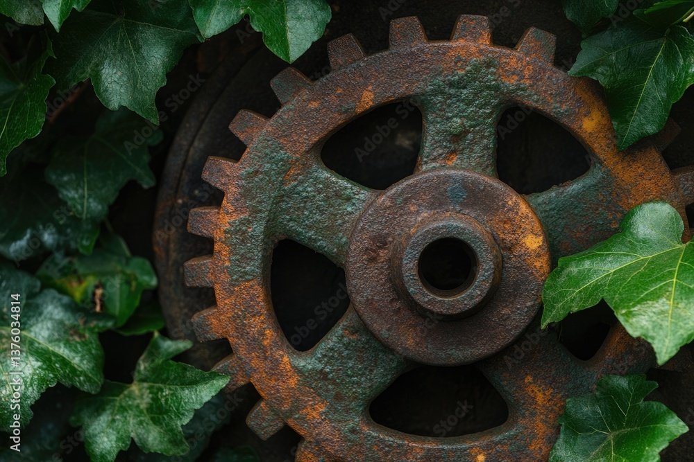 A weathered, rusty cogwheel surrounded by vibrant green ivy leaves showcases nature's reclamation of industrial elements. A weathered, rusty cogwheel surrounded by vibrant green ivy leaves showcases nature's reclamation of industrial elements.
