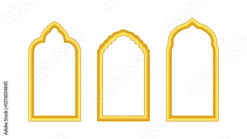 Ramadan 3D frame with golden arch shape. Islamic eid background with arabesque window. Arabian gate vector set with festive border decoration. Traditional kareem label for oriental muslim design