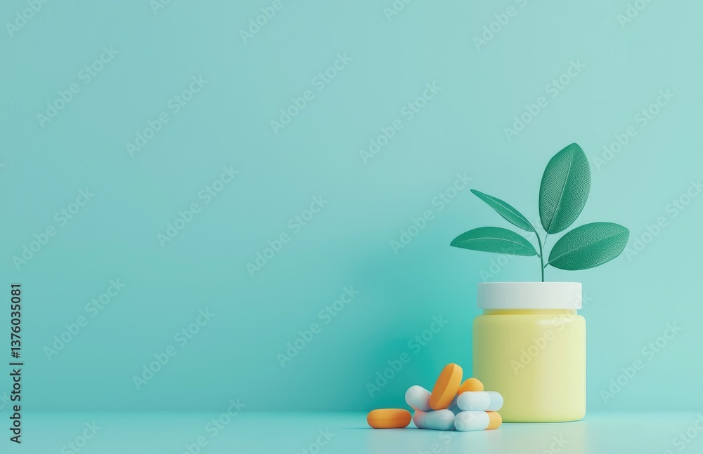 Yellow bottle with green leaves and pastel capsules on aqua background, representing natural medicine. Great for wellness branding, pharmacy ads, and holistic health visuals Yellow bottle with green leaves and pastel capsules on aqua background, representing natural medicine. Great for wellness branding, pharmacy ads, and holistic health visuals