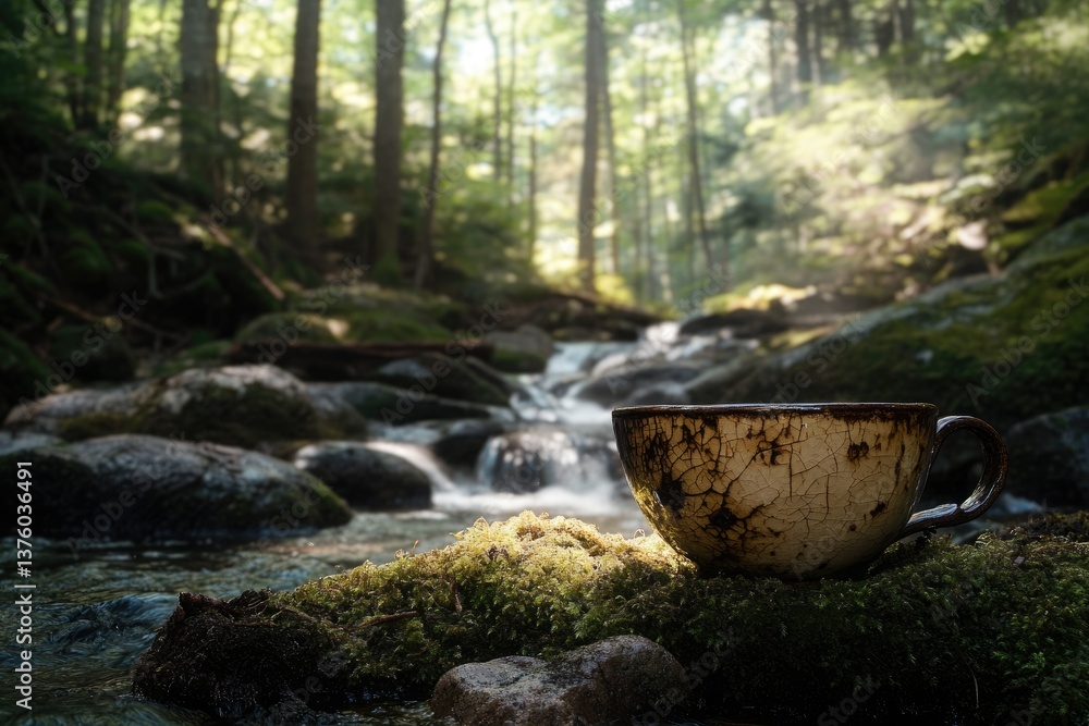 A tranquil scene of a ceramic mug sitting on moss beside a flowing stream in a sunlit forest. A tranquil scene of a ceramic mug sitting on moss beside a flowing stream in a sunlit forest.