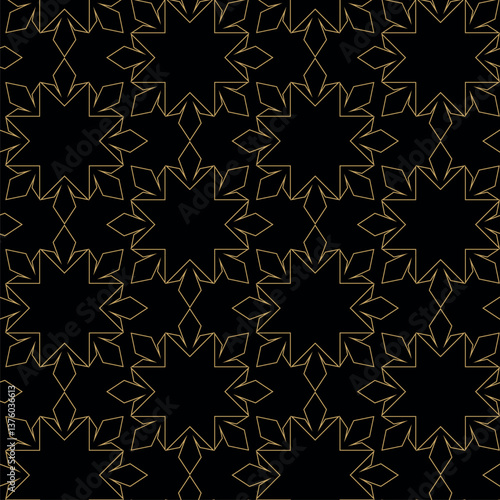 Abstract geometric pattern with crosses, stripes, lines. Seamless vector background. Black and gold ornament. Modern reticulated graphic design.