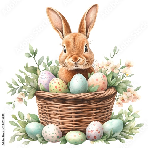 A whimsical watercolor of a cute rabbit nestled in a rustic wicker basket filled with pastel Easter eggs spring flowers and lush greenery