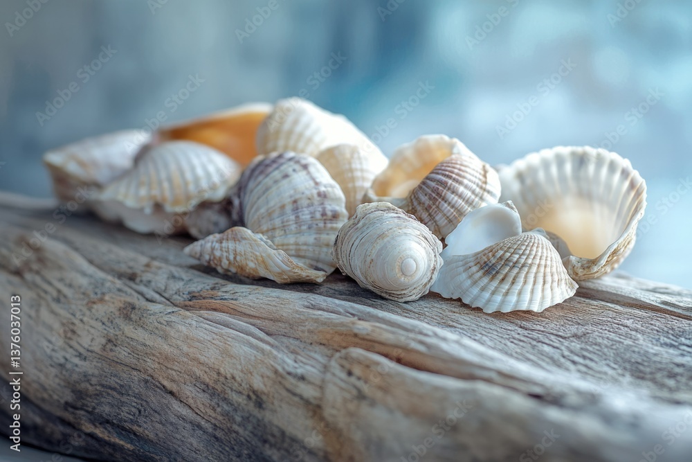 Assorted seashells resting on weathered driftwood against a blurred blue backdrop, evoking a sense of coastal tranquility. Assorted seashells resting on weathered driftwood against a blurred blue backdrop, evoking a sense of coastal tranquility.