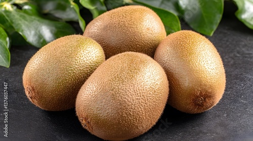 Four Ripe Kiwis on Dark Background with Green Leaves