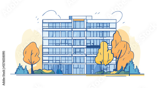 vector modern cityscape with high-rise buildings and trees