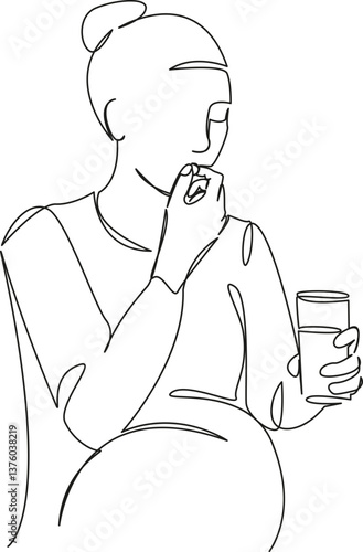One continuous single drawing line art flat doodle medicine, pill, vitamin, woman, pregnant, lifestyle, adult, abdomen. Isolated image hand draw contour on a white background, hand drawn, not AI