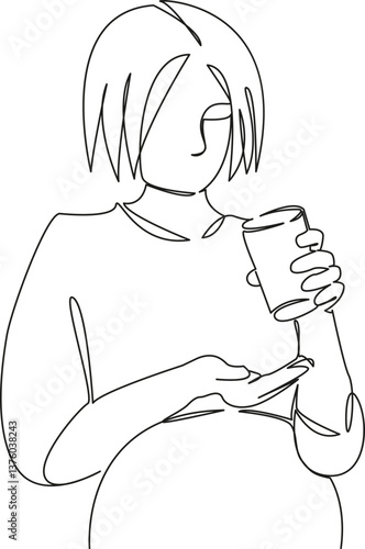 One continuous single drawing line art flat doodle medicine, mother, pill, pregnant, woman, pregnancy, health care, disease. Isolated image hand draw contour on a white background, hand drawn, not AI