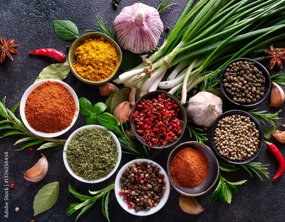 Fototapeta premium Colourful various herbs and spices for cooking on dark background