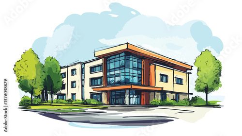 vector modern cityscape with high-rise buildings and trees