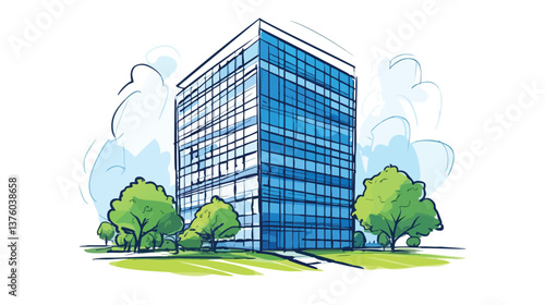 vector modern cityscape with high-rise buildings and trees