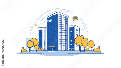 vector modern cityscape with high-rise buildings and trees