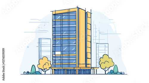 vector modern cityscape with high-rise buildings and trees