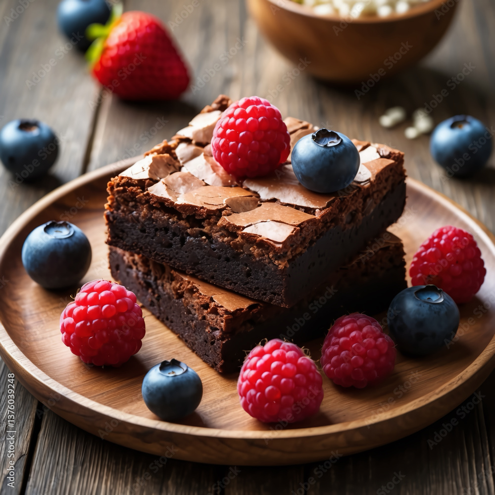 Brownie with berries on a plate, ready to serve Brownie with berries on a plate, ready to serve