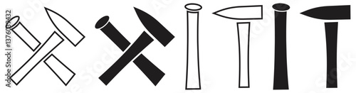 Set of Hammer and Nail in silhouette icon. reflex hammer mechanical, Workshop, hammer. Isolated On Transparent Background.