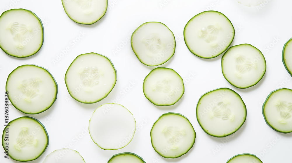 Thin round cucumber slices scattered across white background each with pale green translucent edges and distinctive seed pattern in center some overlapping slightly Thin round cucumber slices scattered across white background each with pale green translucent edges and distinctive seed pattern in center some overlapping slightly