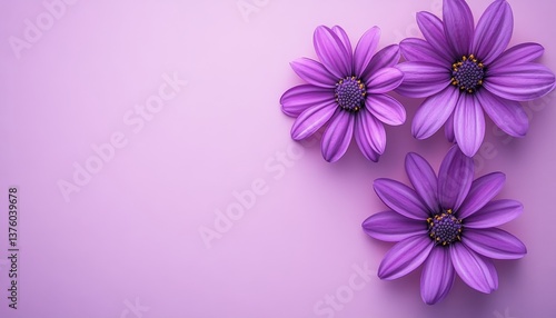 Purple Daisies on a Pastel Background, Floral Arrangement with Copy Space for Text or Design