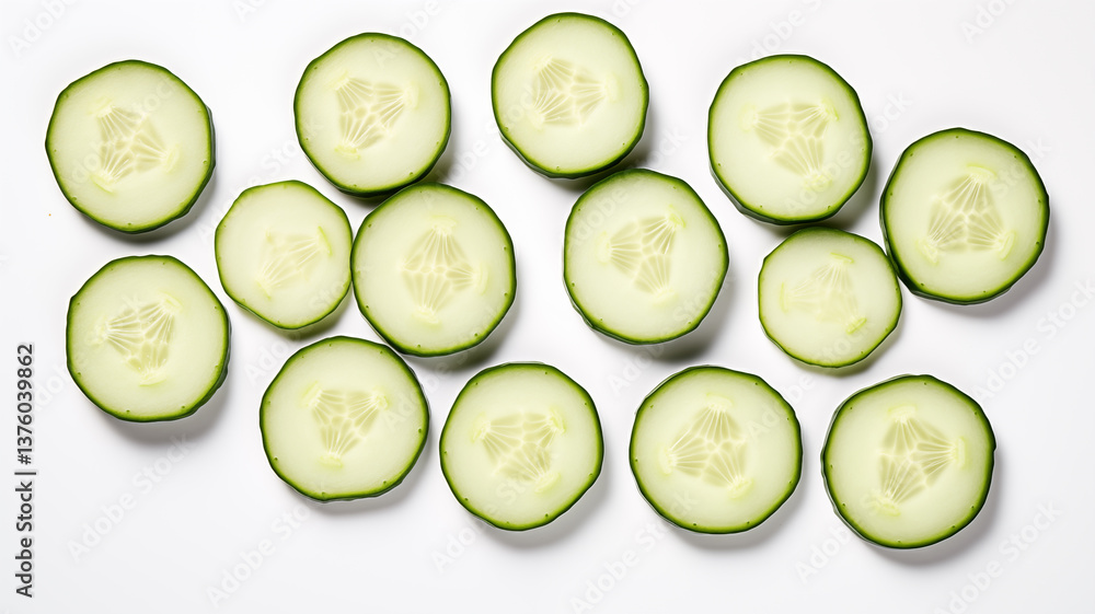 Cucumber slices arranged across white background with bright green edges and pale centers with visible seed patterns in circular formation Cucumber slices arranged across white background with bright green edges and pale centers with visible seed patterns in circular formation