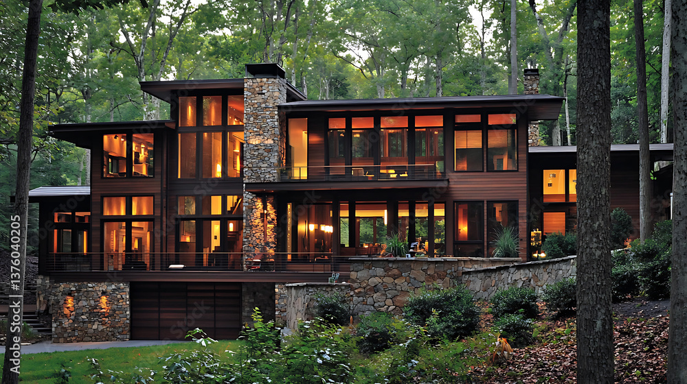 Obraz premium A large house with a stone exterior and a large front porch