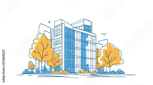 vector modern cityscape with high-rise buildings and trees