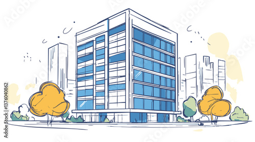 vector modern cityscape with high-rise buildings and trees