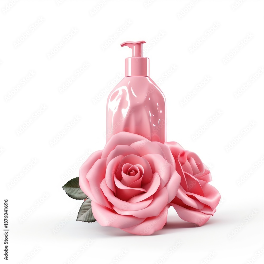 Luxurious pink dispenser bottle with a rose shaped pump and elegant design, perfect for beauty products or cosmetics, exuding a feeling of opulence and allure Luxurious pink dispenser bottle with a rose shaped pump and elegant design, perfect for beauty products or cosmetics, exuding a feeling of opulence and allure