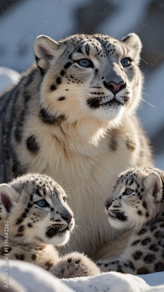 Snow leopard mother protecting her two cubs in snowy mountain habitat. Snow leopard mother protecting her two cubs in snowy mountain habitat.
