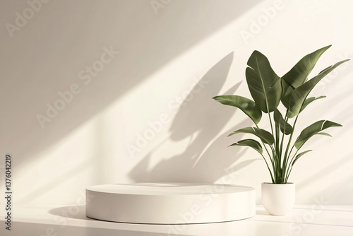 Serene minimalism: a bird of paradise plant thrives in sunlight beside a simple white pedestal, casting gentle shadows on a neutral wall.