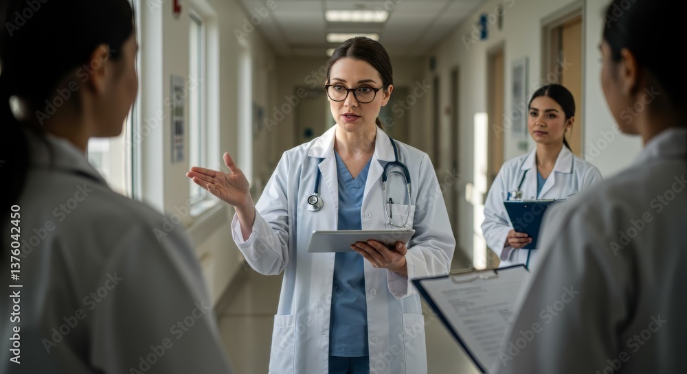 Obraz premium Female doctor leading medical team meeting in hospital corridor