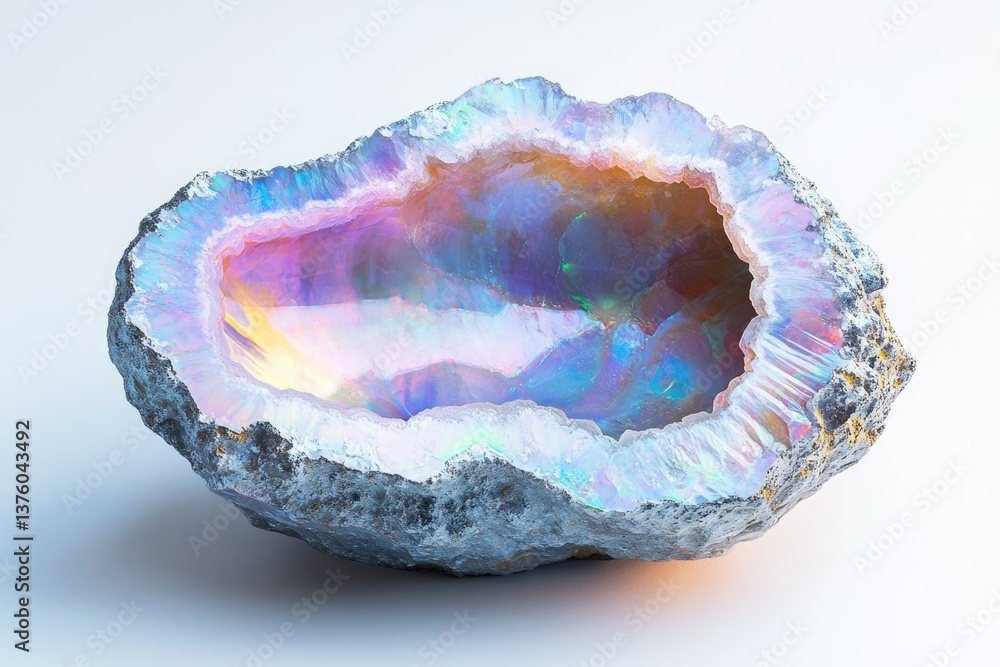 Iridescent opal geode with sparkling crystals and layered hues, a beautiful gemstone on white background. Iridescent opal geode with sparkling crystals and layered hues, a beautiful gemstone on white background.