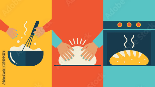 Baking Process Flat Illustration: Mixing, Kneading Dough, Baking Bread in Oven - Creative Home Baking Concept