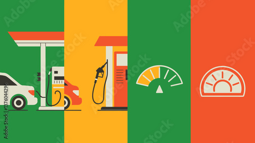 Fueling Up: Petrol Station Illustration with Car, Gas Meter, and Energy Concept