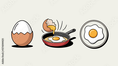 Egg Preparation Illustration: Boiled, Frying, and Fried Egg Icons, Culinary Stages Visualization