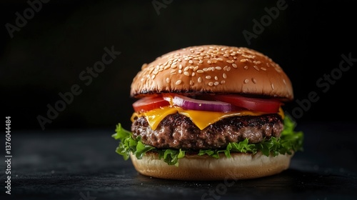 A mouthwatering hamburger in dramatic lighting against a sleek black background, highlighting rich textures, juicy layers, and gourmet appeal