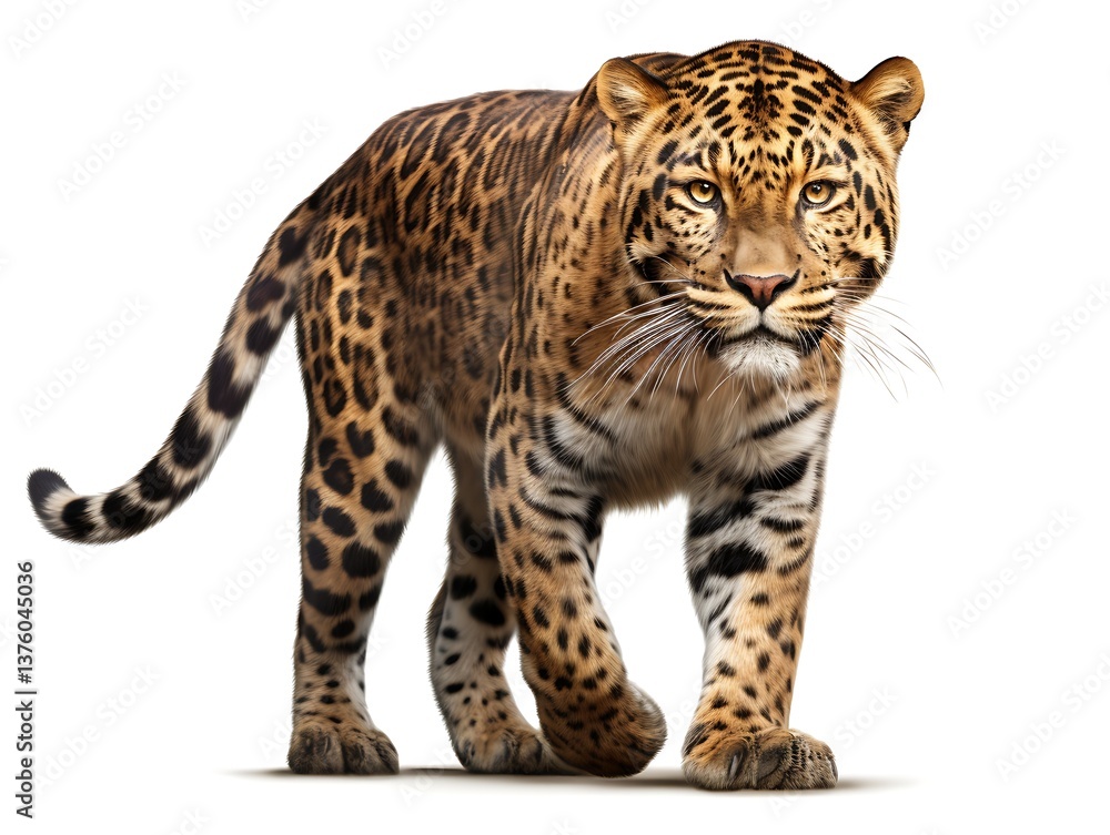 Fototapeta premium Leopard's Stride: Majestic leopard confidently strides forward, its patterned coat and piercing gaze capturing the essence of wildlife.