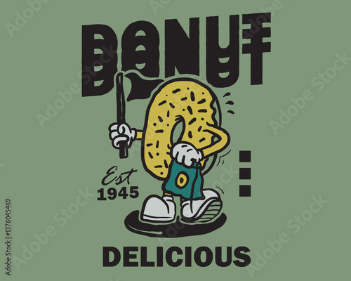 Groovy funky vector of donut mascot illustration cartoon style, retro and trendy graphic design for fashion wear, street wear, clothing line, apparel and urban style t shirt design, hoodies, etc.