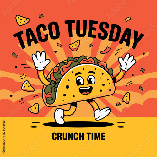 Cartoon Taco Tuesday Illustration: Happy Walking Taco Character for Food Promotion & Fun Events