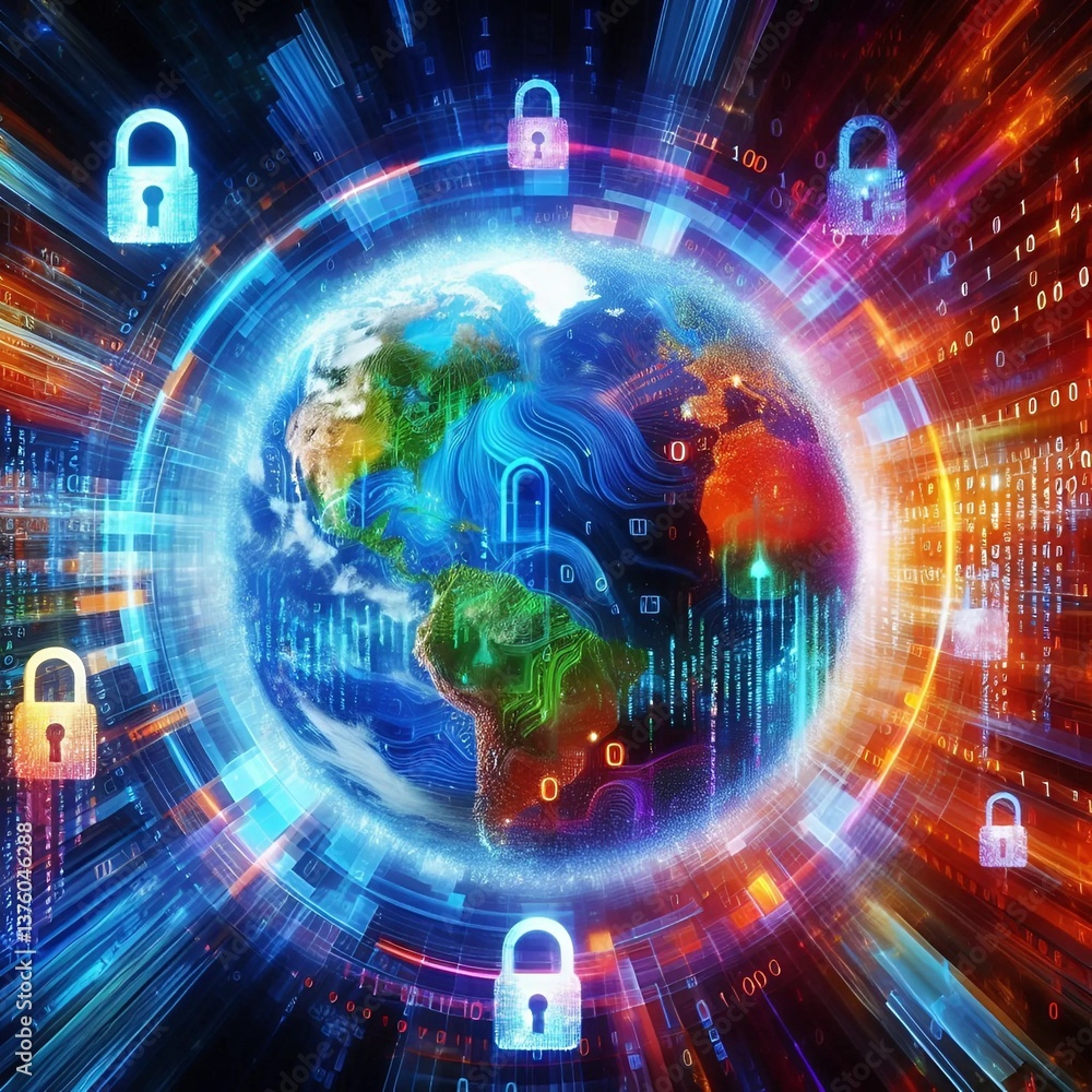 Fototapeta premium A digital shield featuring a cybersecurity locks, symbolizing security and protection