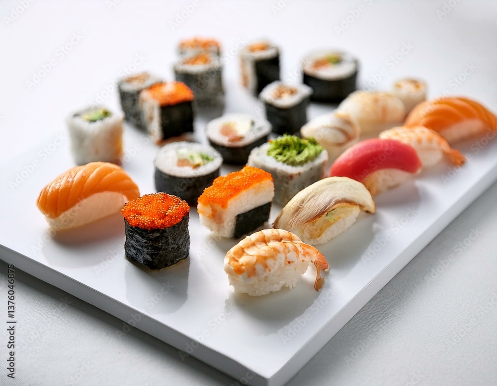 Elegance meets flavor as sushi varieties take their place on a clean white canvas, inviting Elegance meets flavor as sushi varieties take their place on a clean white canvas, inviting