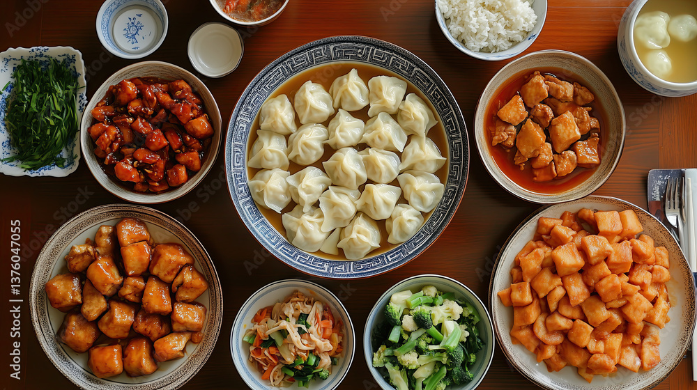 Delicious Chinese food spread featuring dumplings, chicken dishes, and various sides, creating vibrant and inviting meal experience Delicious Chinese food spread featuring dumplings, chicken dishes, and various sides, creating vibrant and inviting meal experience