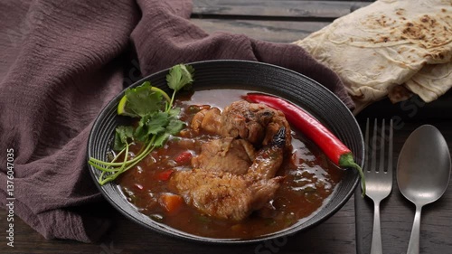 Chakhokhbili traditional Georgian dish is served in steaming bowl