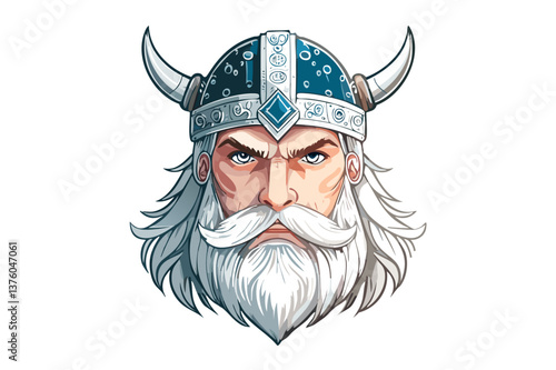 Color portrait of a frowning angry viking warrior in a horned helmet