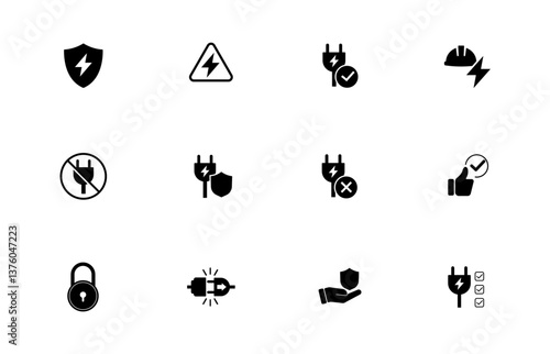 Solid vector icon set with electrical safety symbols, electric shock protection, power plug, hazard warning.