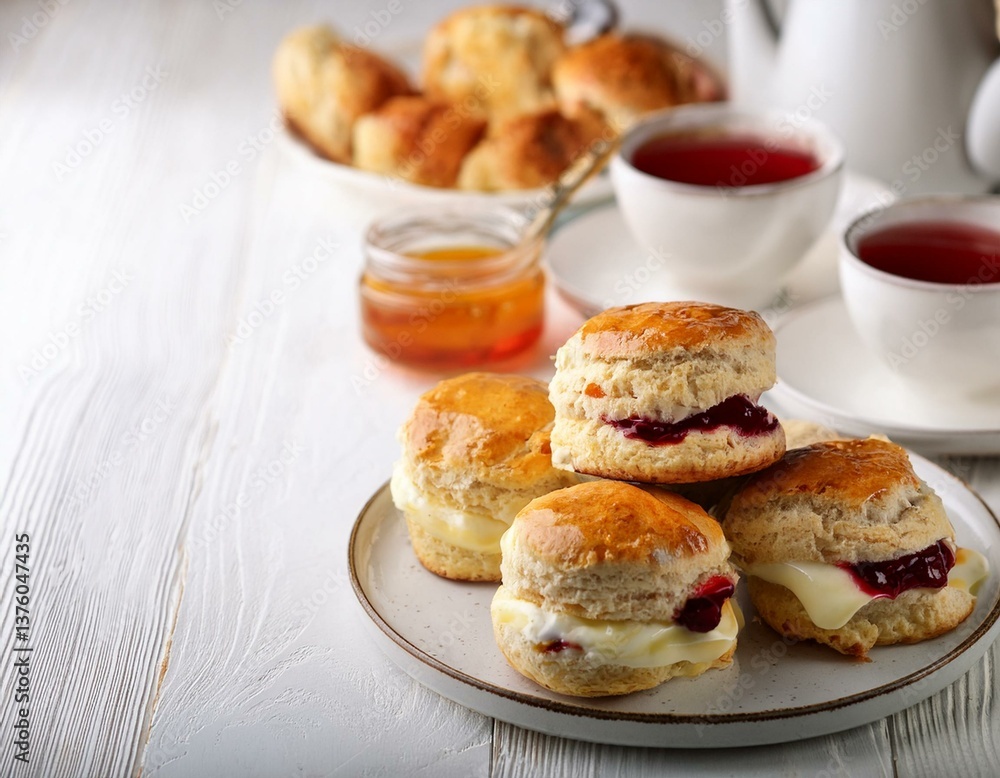 English cream teas, scones with jam and cream, tea with milk, with sandwiches on the back, English cream teas, scones with jam and cream, tea with milk, with sandwiches on the back,