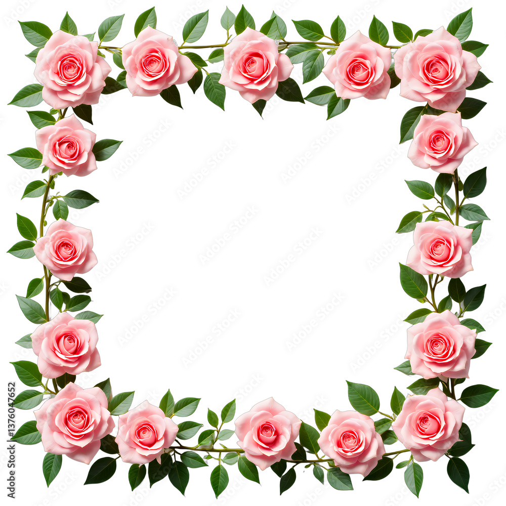 Floral Frame: Pink Roses & Green Leaves, transparent background. Floral Frame: Pink Roses & Green Leaves, transparent background.