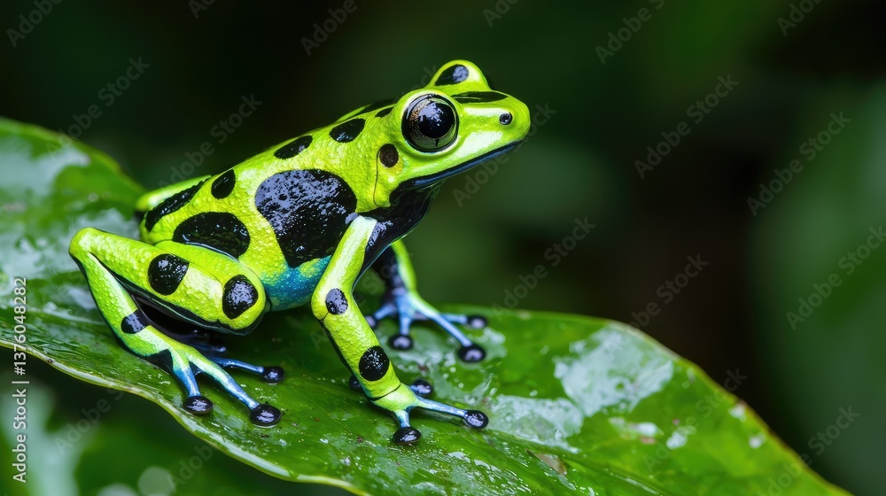 Obraz premium A close-up view of a vibrant green poison dart frog perched on a leaf in the humid environment of Anavilhanas National Park.
