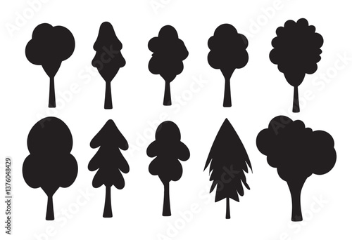 Trees Silhouettes Collection with Different Shapes – Vector Illustration