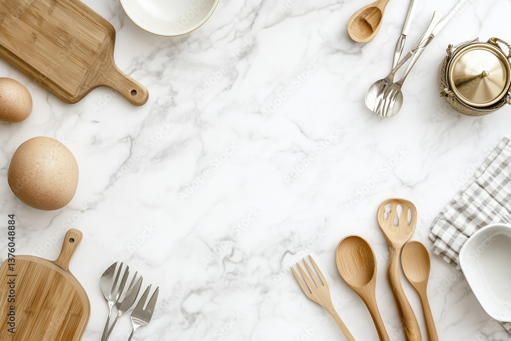 Elegant Kitchen Table Setting on Marble Background | Stylish Cooking Scene