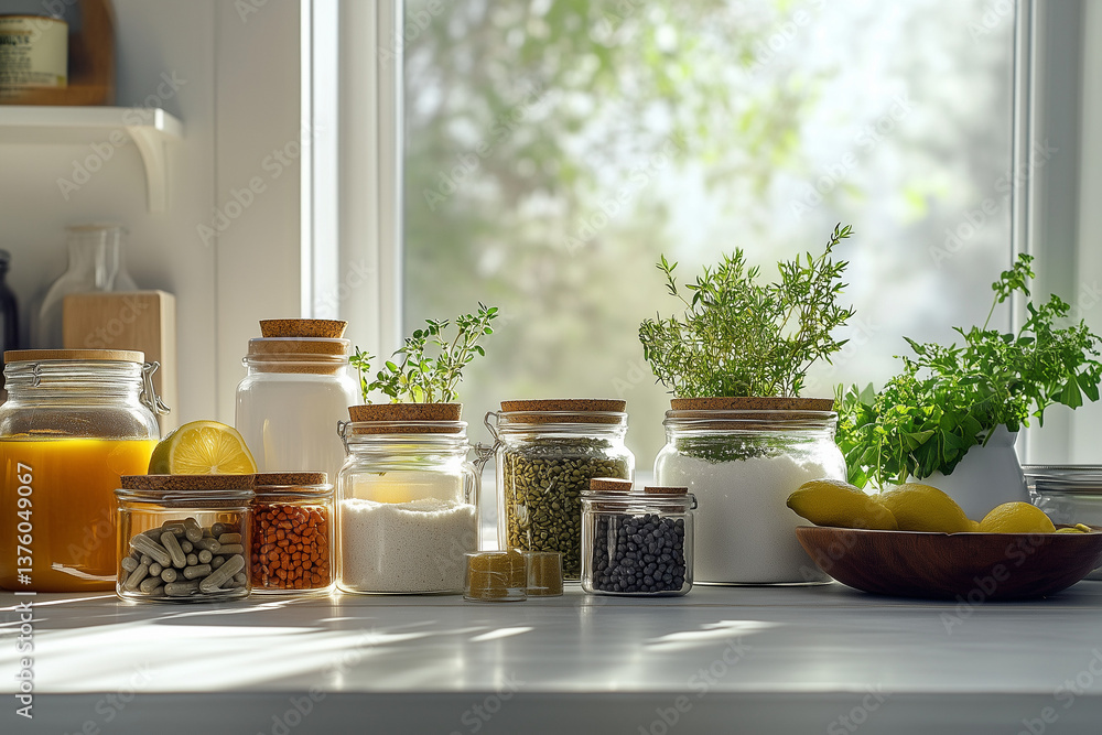 Sunlit Kitchen Window with Herbs & Storage Jars | Cozy Rustic Scene